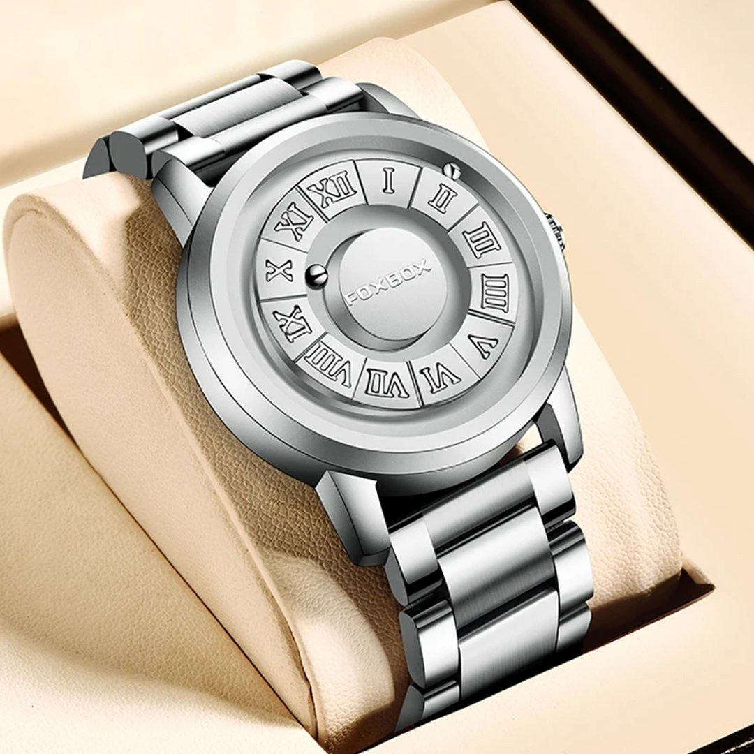 FOXBOX-Silver Men's Quartz Watches with Leather Strap, Top Band, Scroll Beads, Magnetic Force, Waterproof, Fashion Men's Watch