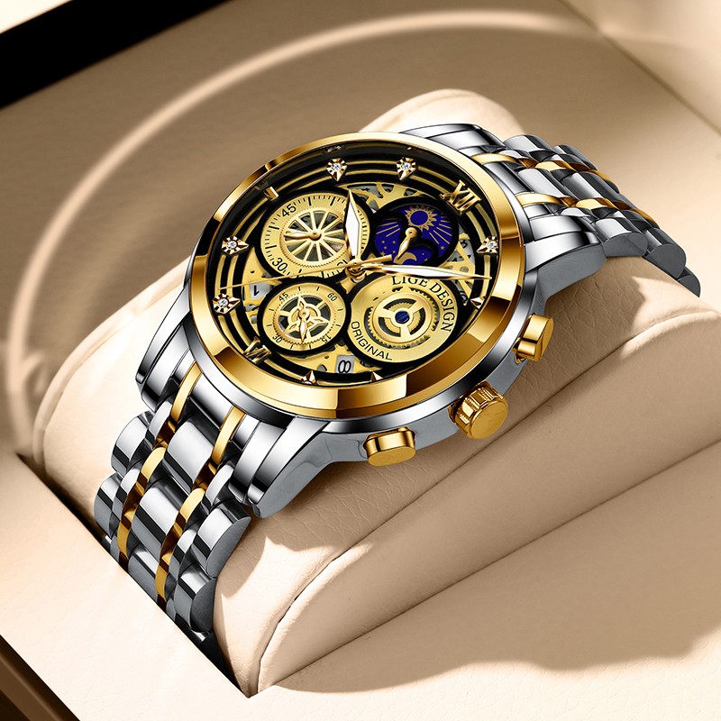 LIGE 8942 Mens Watches Top Brand Luxury Skeleton Quartz Wristwatch Fashion Business Stainless Gold Watch