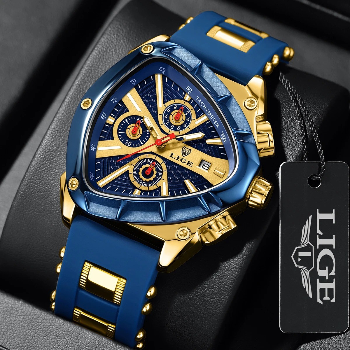 LIGE 89103 Blue Luxury Triangular Dial Chronograph Sports Silicone Wrist Watch for Men