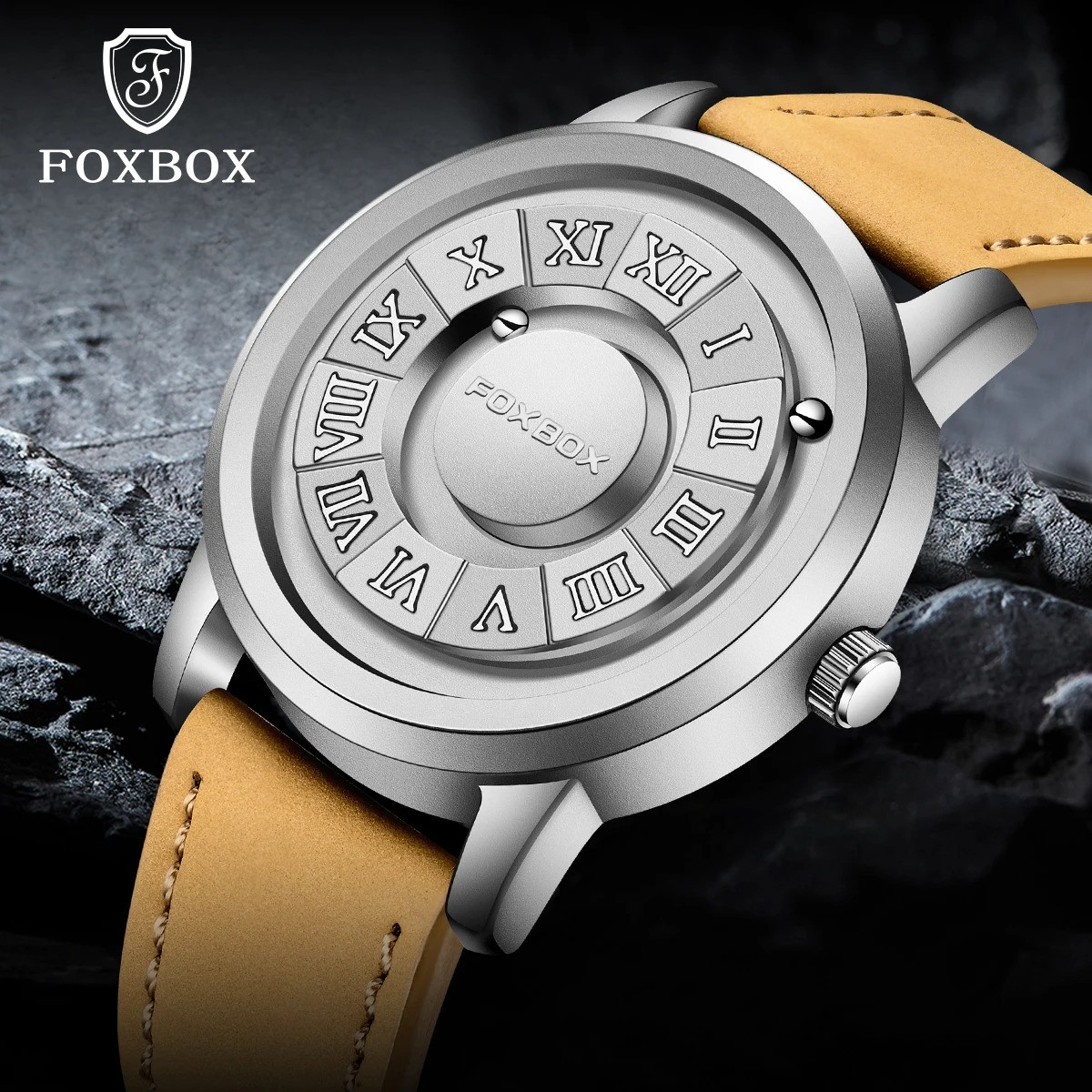 FOXBOX-Men's Quartz Watches with Leather Strap, Top Band, Scroll Beads, Magnetic Force, Waterproof, Fashion Men's Watch