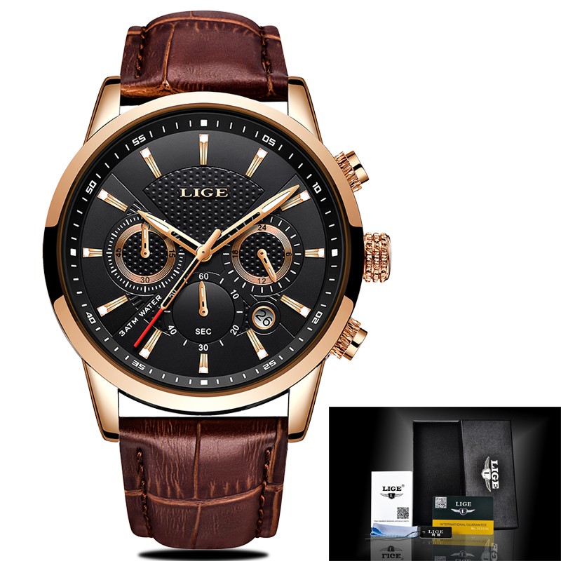 LIGE 9866 New Mens Watches Top Brand Luxury Military Sport Watch Men Leather Waterproof Clock Quartz Wristwatch Relogio Masculino+Box