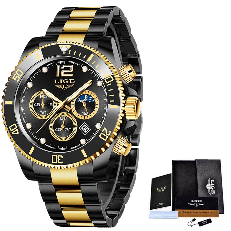 LIGE 8924 Watches Mens Top Brand Luxury Clock Casual Stainless Steel 24Hour Moon Phase Men Watch Sport Waterproof Quartz Chronograph