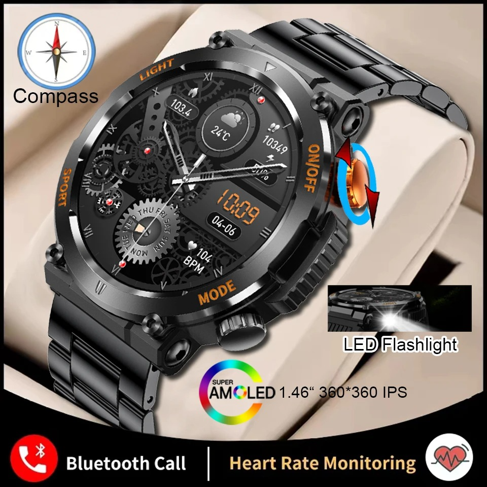 LED Lights Compass Watch For Men Smart Watch Sports Fitness IP67 Waterproof Smartwatch Bluetooth Call Full Touch Screen