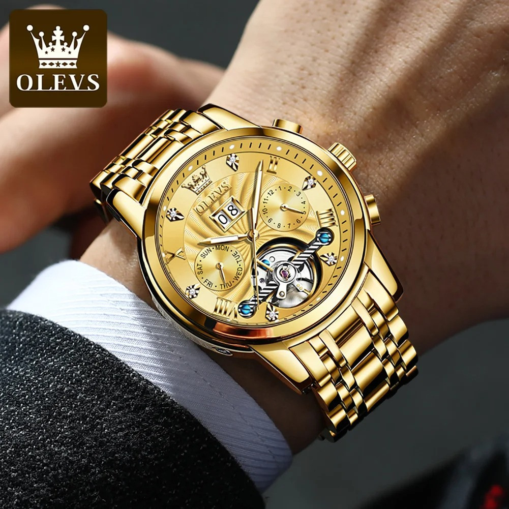 OLEVS 9910 Waterproof Automatic Mechanical Watches For Men, Stainless Steel Strap Business Multifunctional Men Wristwatch