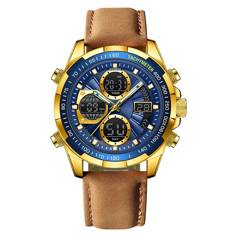 Foxbox Blue Analog Digital Electronic Leather Fashion Luxury Casual Sports Waterproof Men's Watches (FB0080)