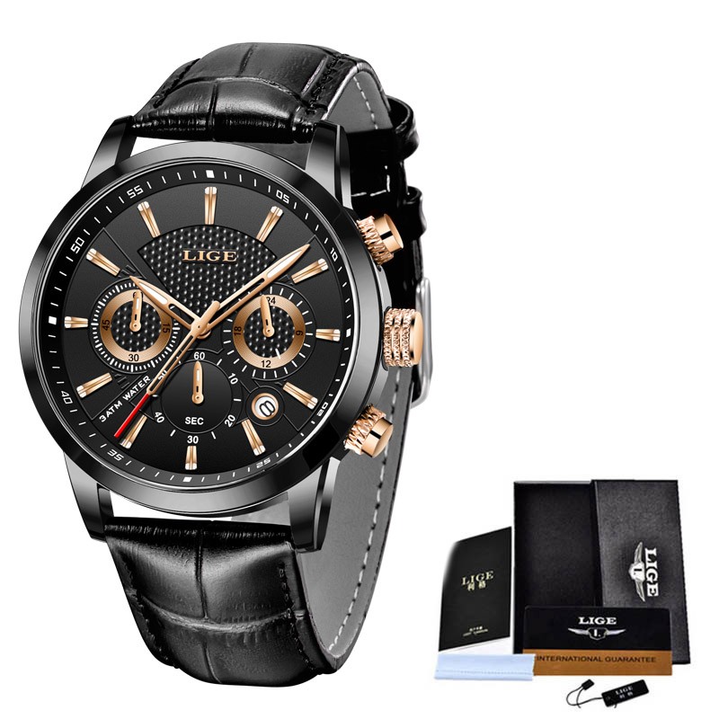 LIGE 9866 New Mens Watches Top Brand Luxury Military Sport Watch Men Leather Waterproof Clock Quartz Wristwatch Relogio Masculino+Box