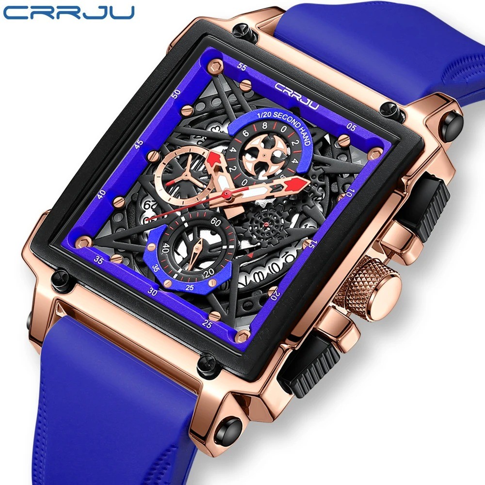 CRRJU 2312 Blue Luxury Sports Quartz Wristwatches for Men Colorful Multi Functional Square Type Watch