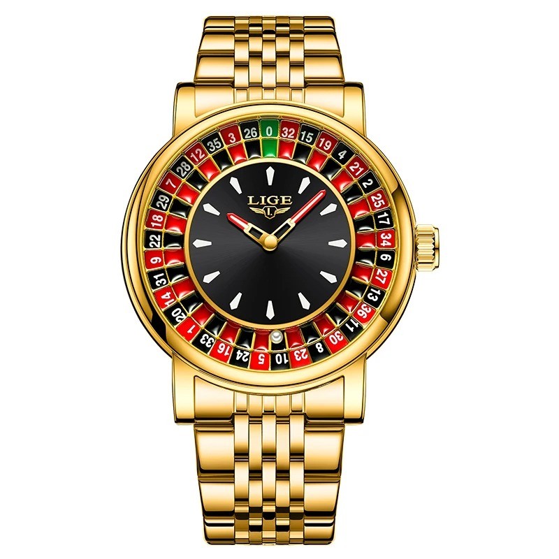 LIGE 89161 Stainless Steel Quartz Watches Stainless Band Gambling Series Rotating Dial Watch