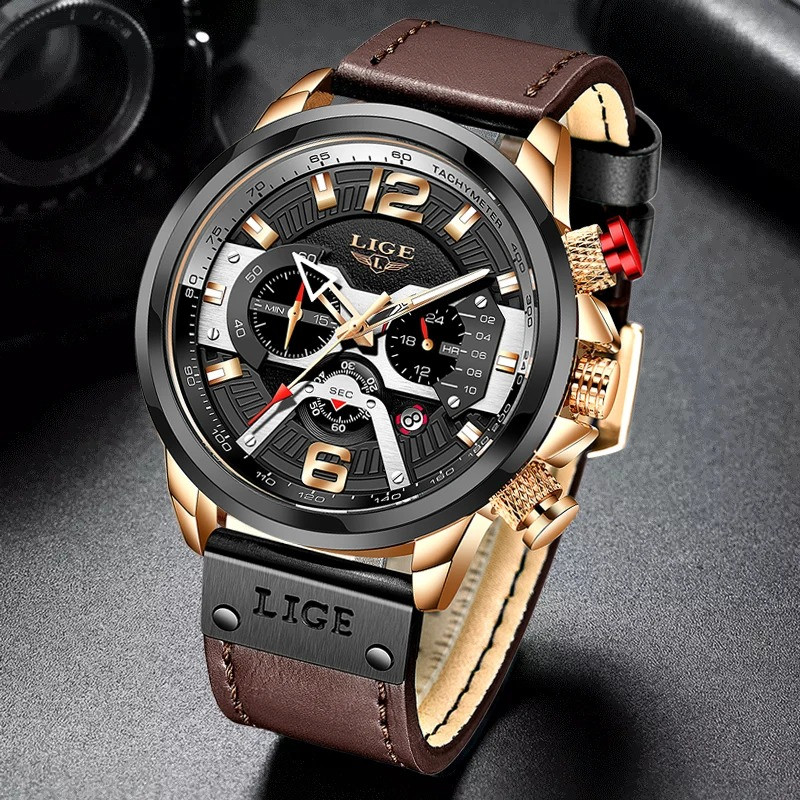 LIGE 8917 Top Brand Leather Chronograph Waterproof Sport Automatic Date Quartz Watch For Men Relogio Masculino