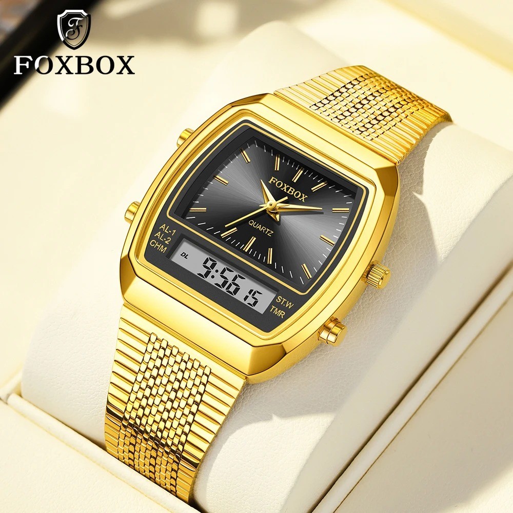 FOXBOX FB0097 Gold Black Watch Dual Digital Time Zone Square Wristwatch