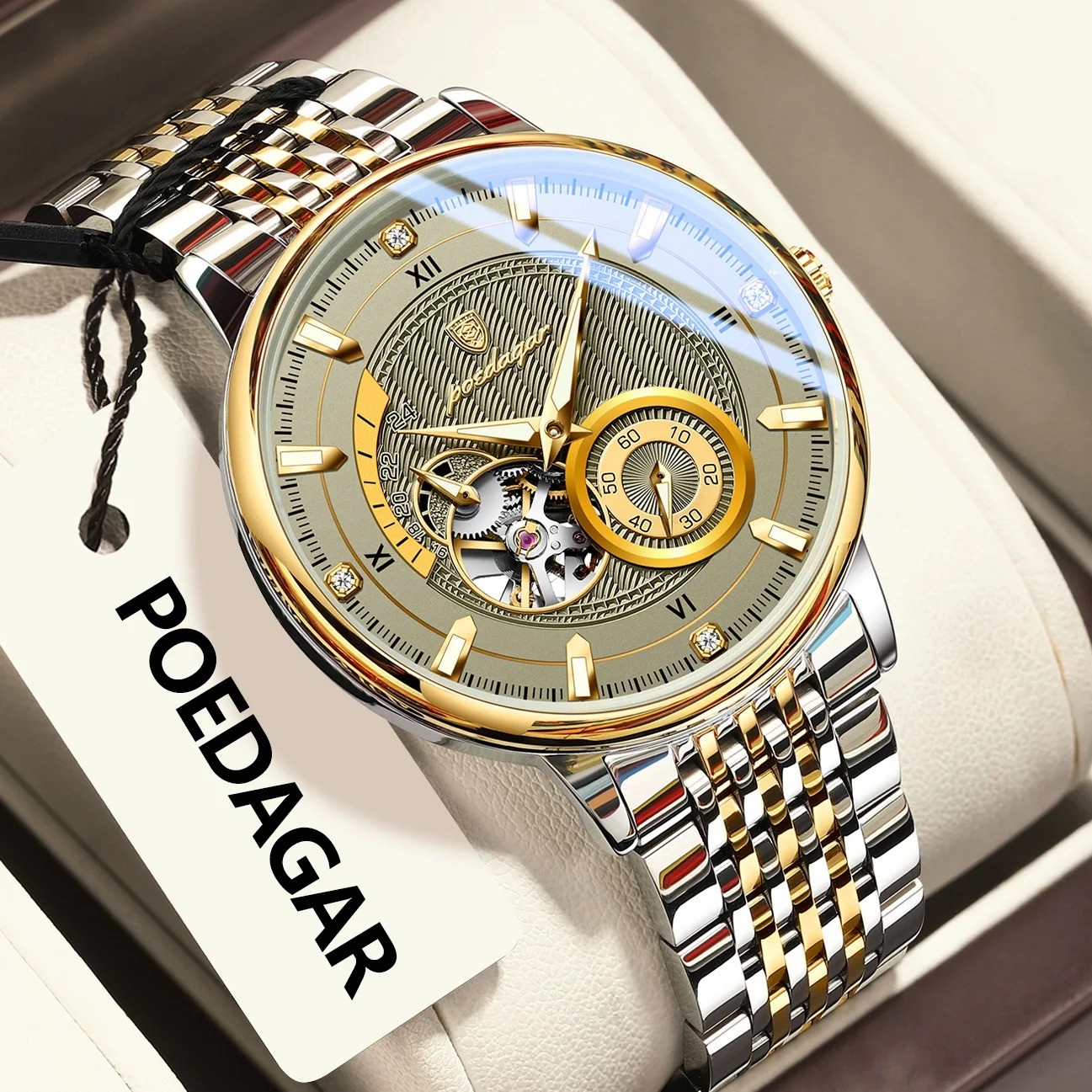 POEDAGAR 1416 Luxury Automatic Men’s Watch — Luminous Hollow Tourbillon Stainless Steel
