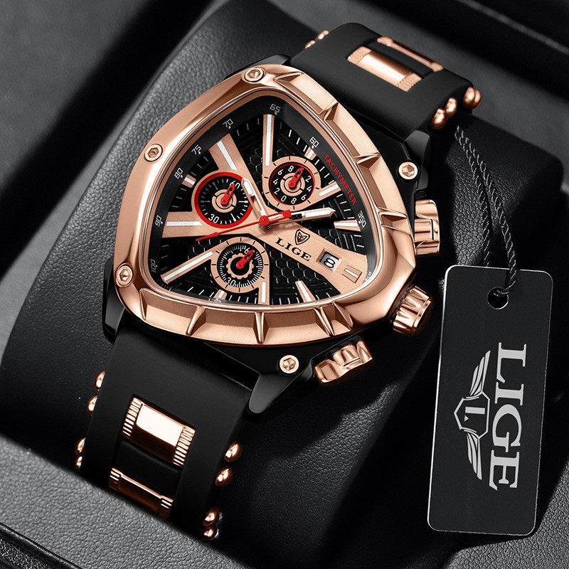 LIGE 89103 Luxury Triangular Dial Chronograph Sports Silicone Wrist Watch for Men