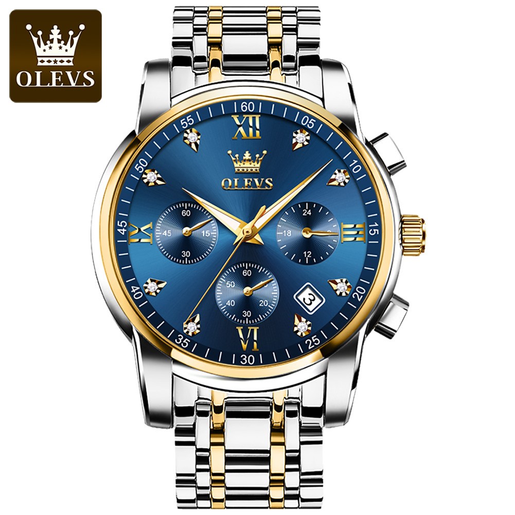 OLEVS 2858 Stainless Steel Strap Quartz Watches for Men Multifunctional Three-eye Dial Business Waterproof Men Wristwatch
